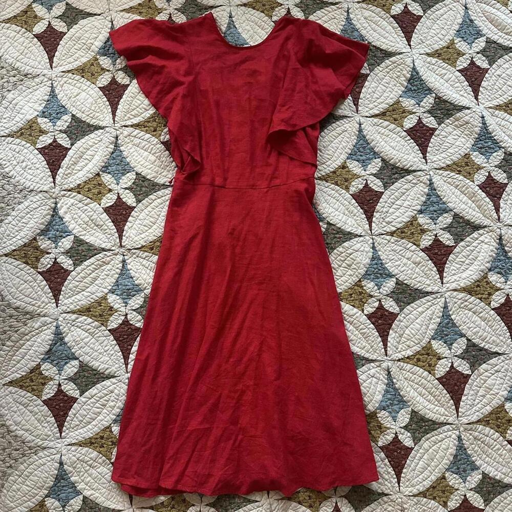 Red linen blend midi dress with ruffle sleeves Size XS Valentine’s Day